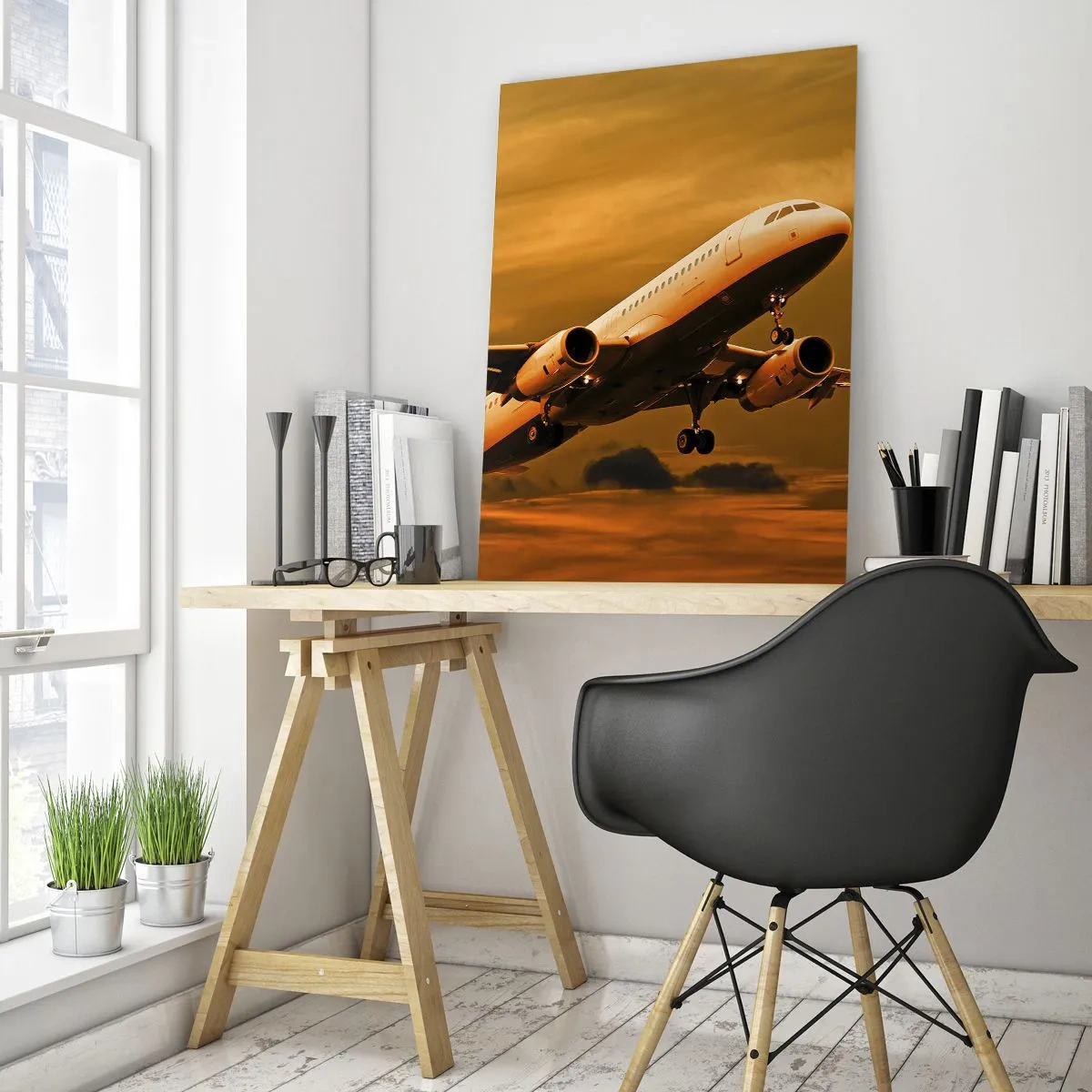 Cuadro sobre vidrio - Impresiones sobre Vidrio - Un avión despegando contra un cielo naranja. - 50x70cm - Vuelo hacia el sol - Decoración de pared moderna para salón y dormitorio ARTTOR