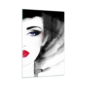 Cuadro sobre vidrio - Impresiones sobre Vidrio - Retrato de una mujer con labios rojos y ojos azules intensos. - 80x120cm - Lenguaje no verbal - Decoración de pared moderna para salón y dormitorio ARTTOR