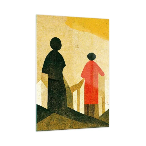 Cuadro sobre vidrio - Impresiones sobre Vidrio - Siluetas geométricas de figuras entre formas altas contra el fondo de un cielo amarillo. - 50x70cm - Todavía lejos del destino - Decoración de pared moderna para salón y dormitorio ARTTOR