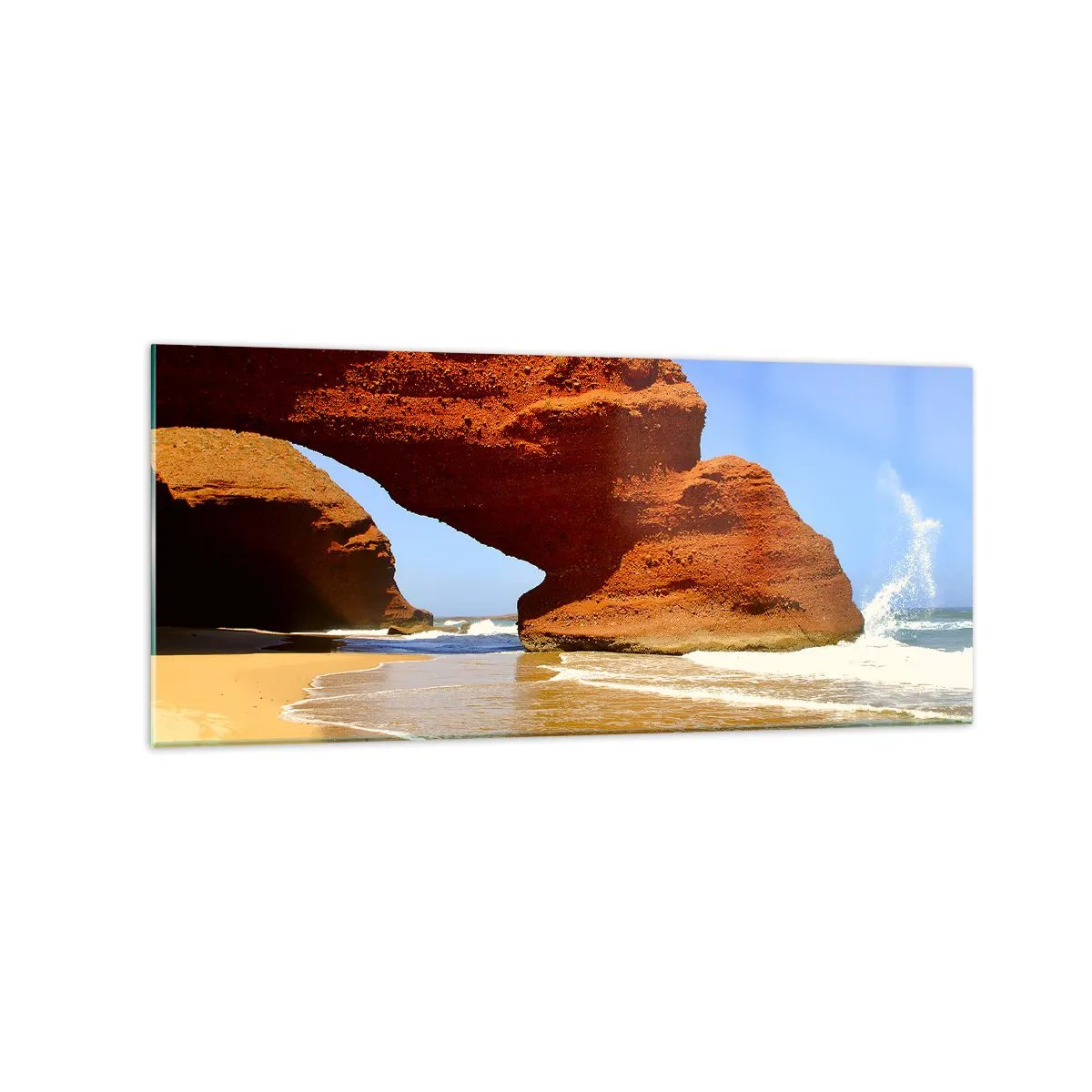 Cuadro sobre vidrio - Impresiones sobre Vidrio - Un arco de roca natural en una playa con cielos azules y olas. - 120x50cm - El agua y el viento a través de miles de años - Decoración de pared moderna para salón y dormitorio ARTTOR