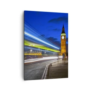 Cuadro sobre lienzo - Impresión de Imagen - El Big Ben de noche con el efecto de las luces en el tráfico de la calle. - 50x70cm - Bajo la mirada del Big Ben - Decoración de pared moderna para salón y dormitorio ARTTOR