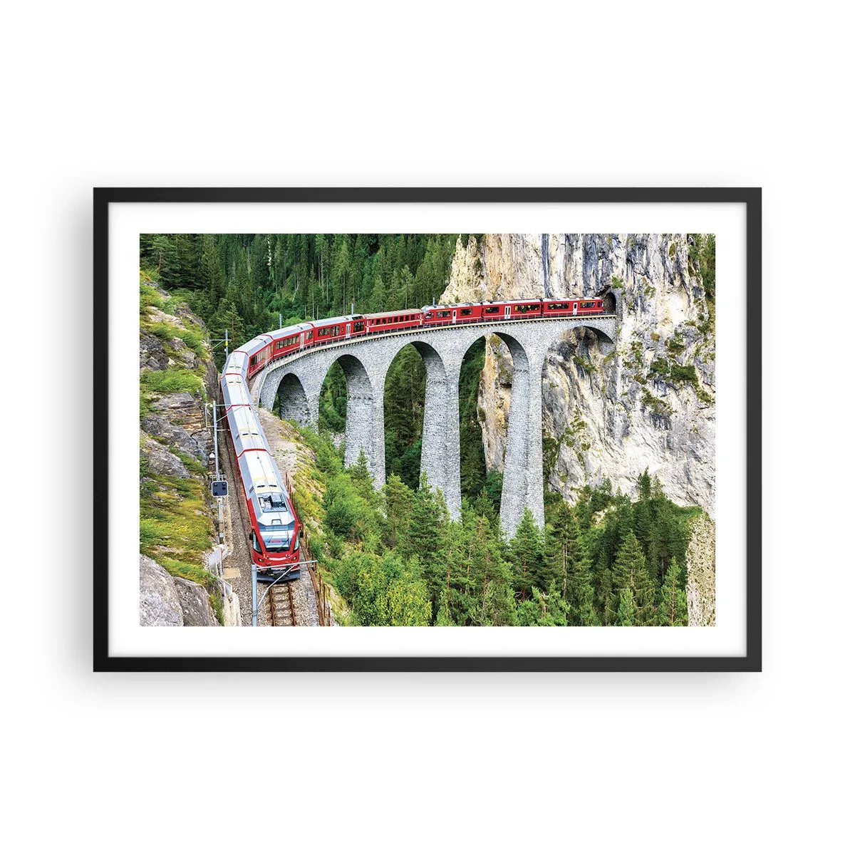 Póster en marco negro - Un tren en un pintoresco viaducto en un paisaje montañoso. - 70x50cm - Atravesando las montañas - Decoración de pared moderna para salón y dormitorio ARTTOR