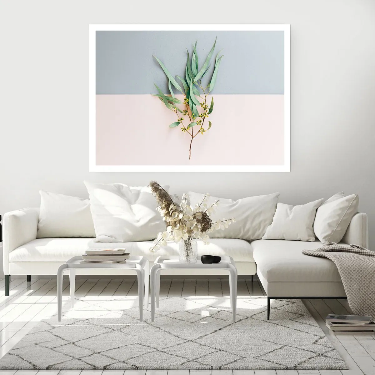 Póster - Una rama con hojas sobre un fondo de tonos pastel. - 100x70cm - La sutileza del pastel - Decoración de pared moderna para salón y dormitorio ARTTOR