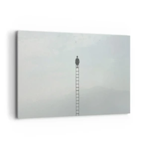 Cuadro sobre lienzo - Impresión de Imagen - Un hombre en una escalera que sube hacia el cielo. - 120x80cm - Hacia lo más alto - Decoración de pared moderna para salón y dormitorio ARTTOR