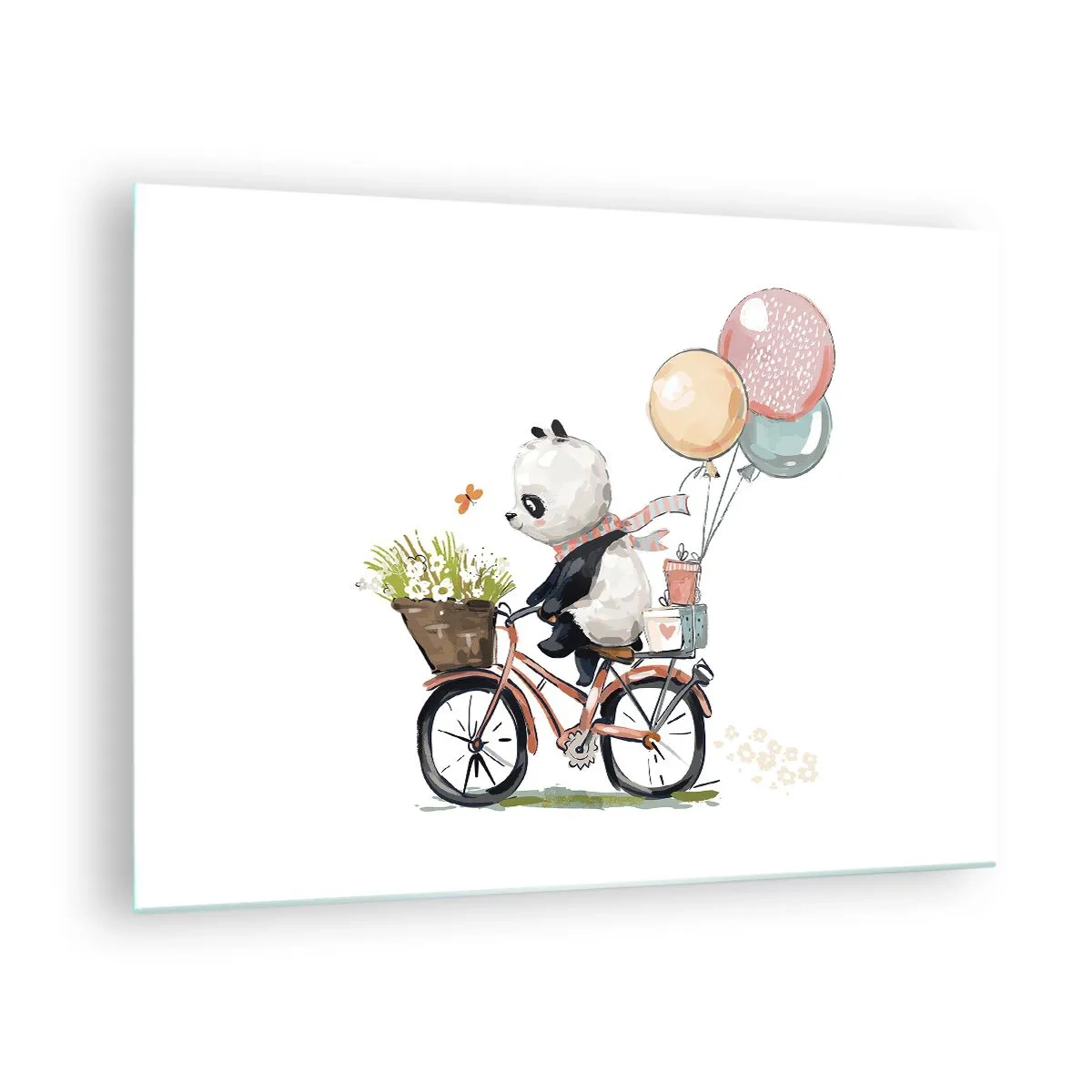 Cuadro sobre vidrio - Impresiones sobre Vidrio - Un panda montando en bicicleta con globos y una canasta de flores. - 70x50cm - Un día feliz - Decoración de pared moderna para salón y dormitorio ARTTOR