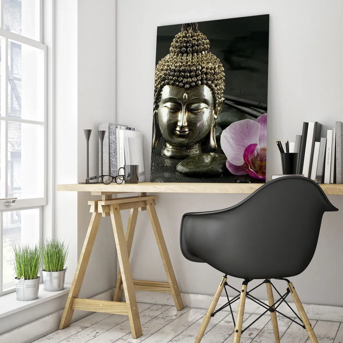 Cuadro sobre vidrio - Impresiones sobre Vidrio - Cabeza budista con una flor rosa sobre un fondo de piedras. - 50x70cm - La armonía de la sabiduría y la belleza - Decoración de pared moderna para salón y dormitorio ARTTOR