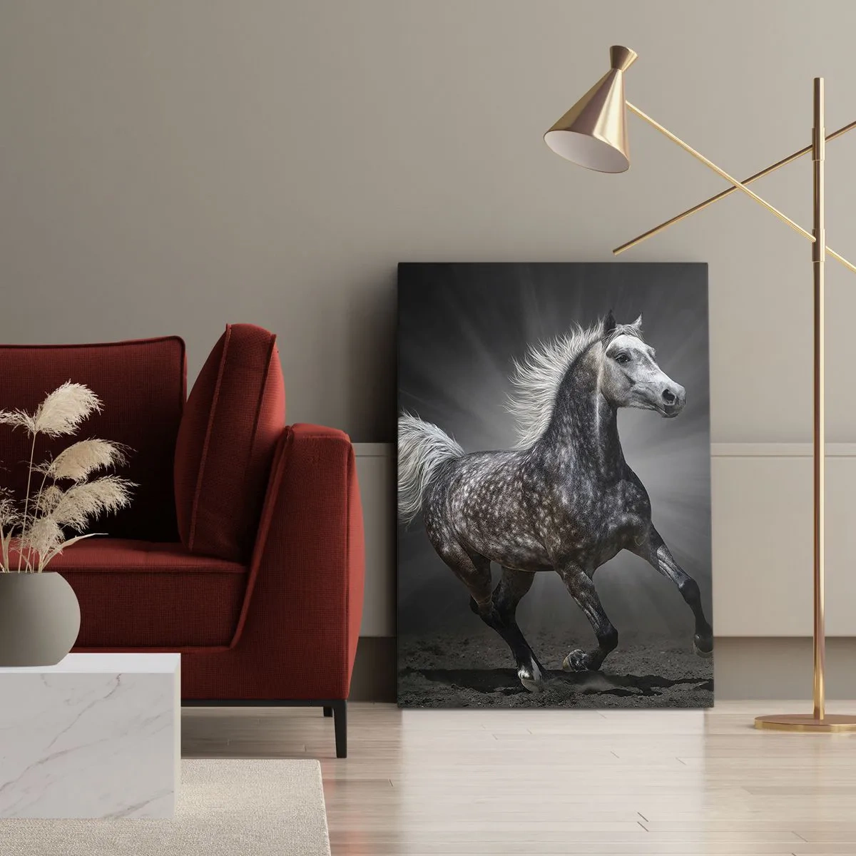 Cuadro sobre lienzo - Impresión de Imagen - Un caballo blanco galopando sobre un fondo oscuro. - 80x120cm - El gris es hermoso - Decoración de pared moderna para salón y dormitorio ARTTOR