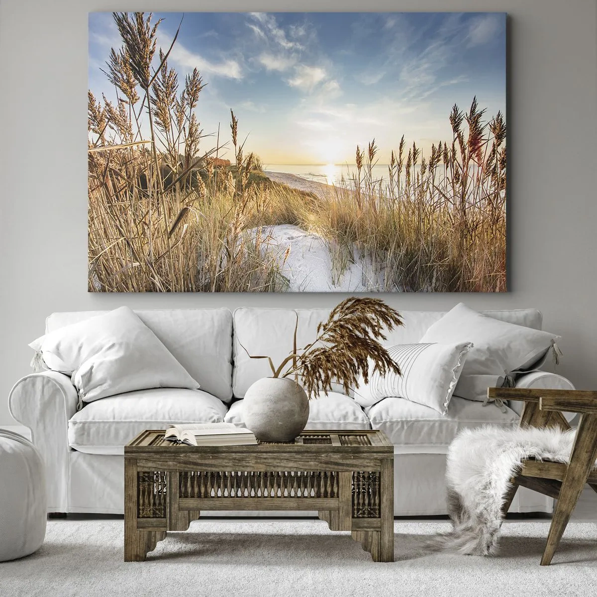 Cuadro sobre lienzo - Impresión de Imagen - Una playa pintoresca con césped y la puesta de sol. - 120x80cm - Playa del norte - Decoración de pared moderna para salón y dormitorio ARTTOR