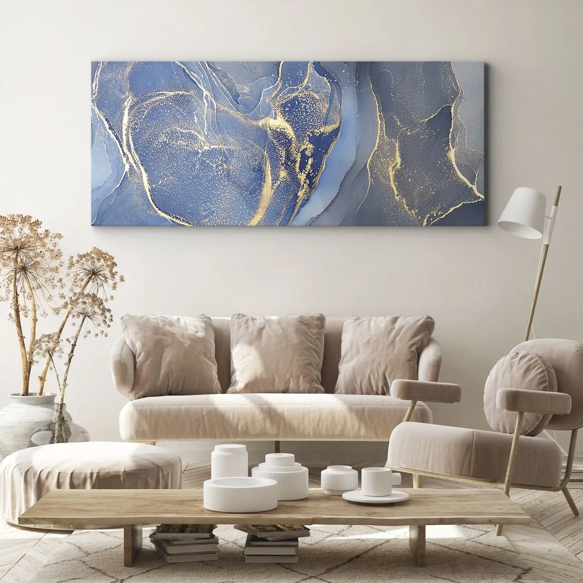 Cuadro sobre lienzo - Impresión de Imagen - Patrones abstractos azules con acentos dorados - 120x50cm - Polvo de oro - Decoración de pared moderna para salón y dormitorio ARTTOR
