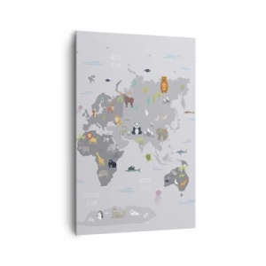 Cuadro sobre lienzo - Impresión de Imagen - Un mapa del mundo con ilustraciones de animales sobre un fondo gris. - 80x120cm - Dime de dónde eres... - Decoración de pared moderna para salón y dormitorio ARTTOR