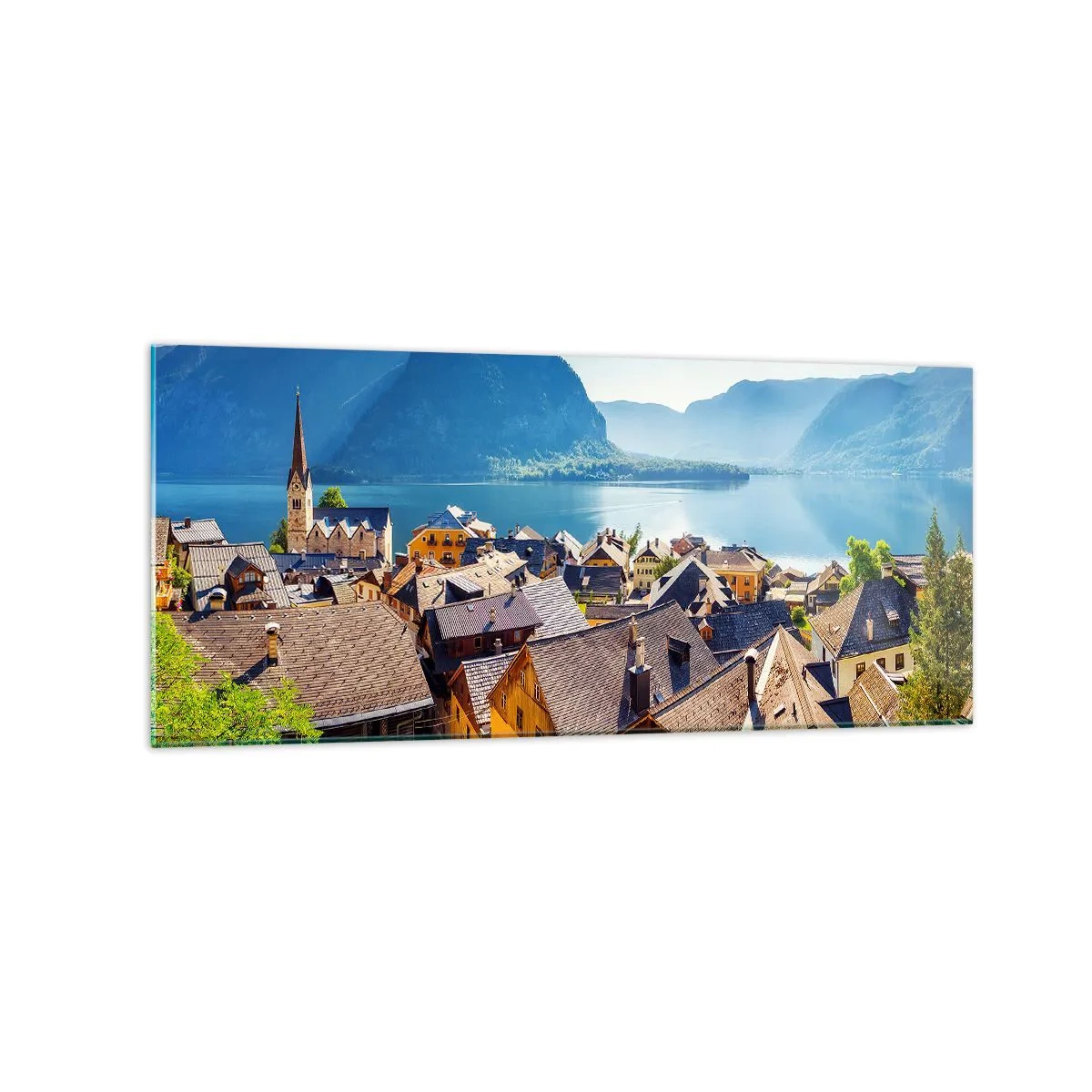 Cuadro sobre vidrio - Impresiones sobre Vidrio - Un pintoresco pueblo junto a un lago rodeado de montañas en un día soleado. - 120x50cm - No podría ser más pintoresco - Decoración de pared moderna para salón y dormitorio ARTTOR