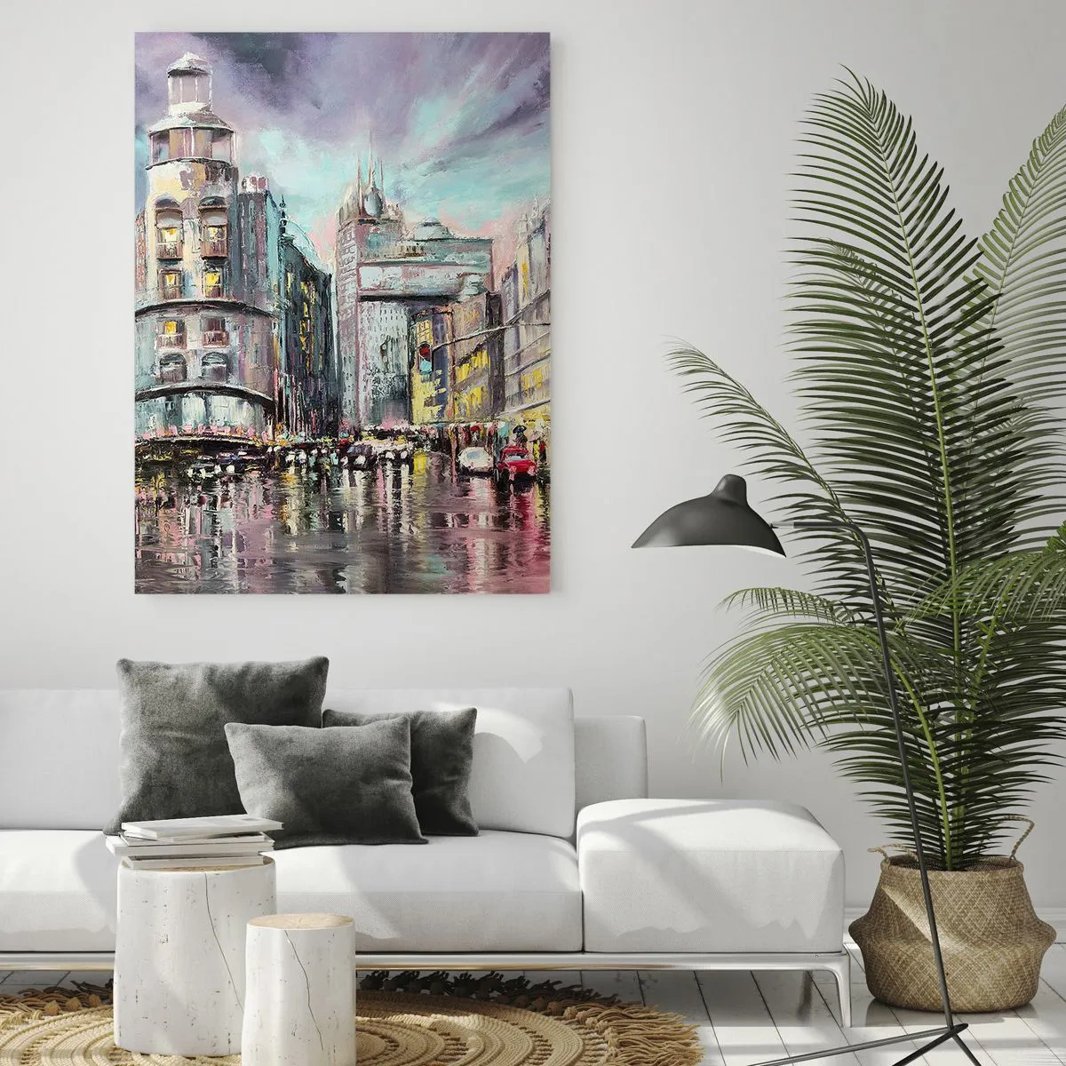 Cuadro sobre vidrio - Impresiones sobre Vidrio - Una calle de la ciudad bajo la lluvia con un espectacular reflejo de las luces. - 50x70cm - Va a ser una buena noche - Decoración de pared moderna para salón y dormitorio ARTTOR