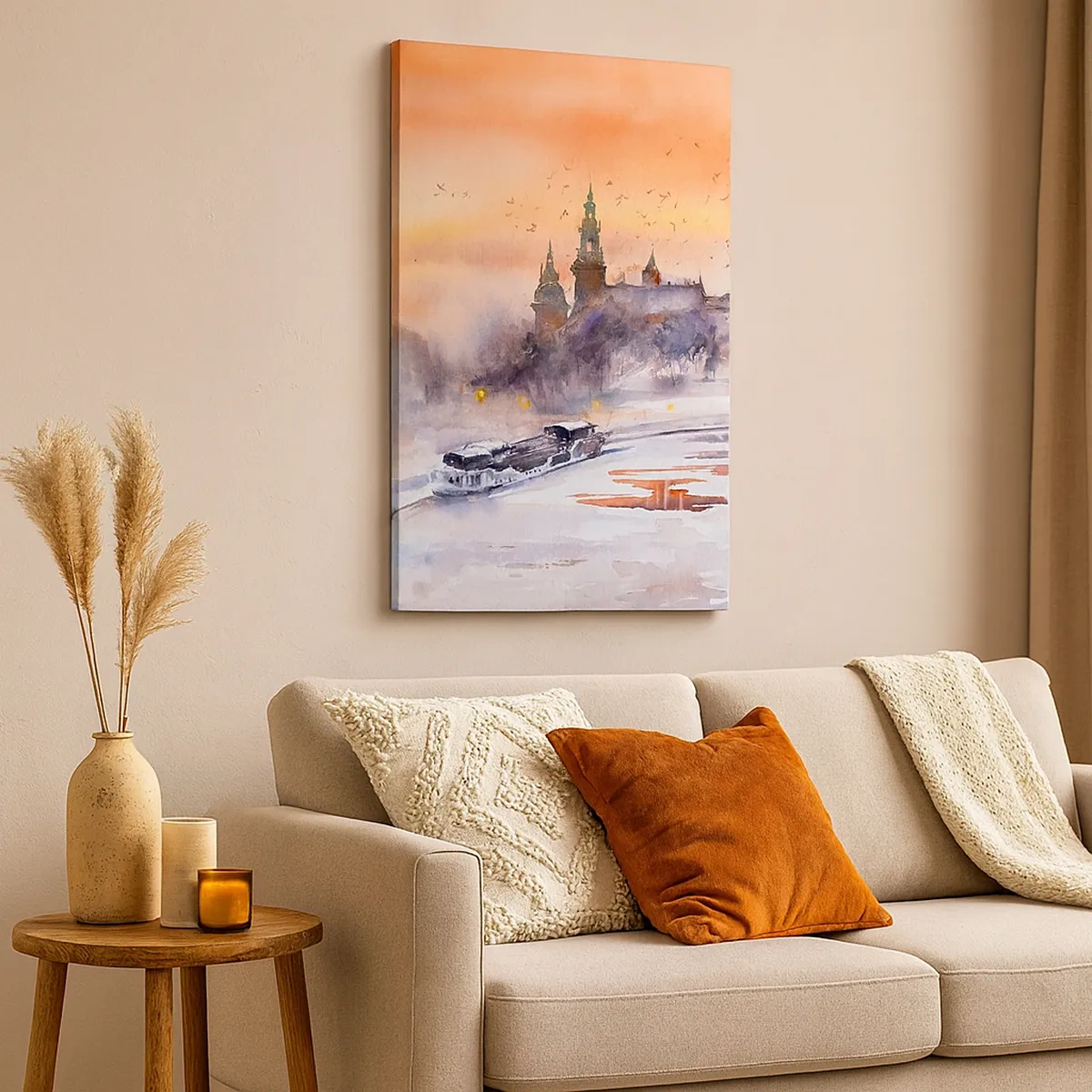 Cuadro sobre lienzo - Impresión de Imagen - Puesta de sol sobre el castillo en un paisaje invernal - 50x70cm - Atardecer real - Decoración de pared moderna para salón y dormitorio ARTTOR