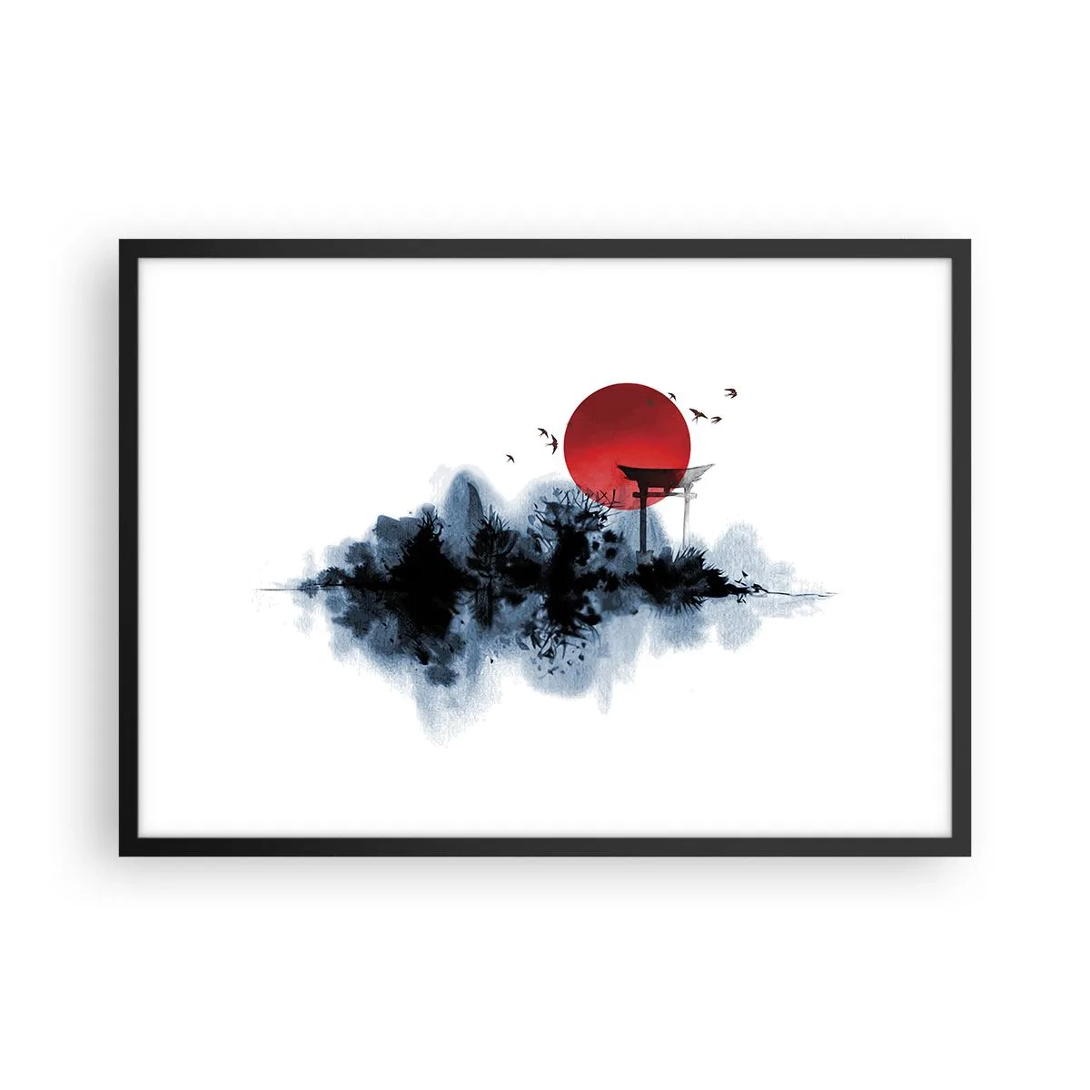 Póster en marco negro - Sol rojo sobre un paisaje pintoresco con torii - 70x50cm - Visión japonesa - Decoración de pared moderna para salón y dormitorio ARTTOR