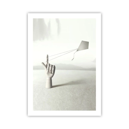 Póster - Una mano de madera con una cometa sobre un fondo brillante. - 50x70cm - Una prueba de fuerza - Decoración de pared moderna para salón y dormitorio ARTTOR