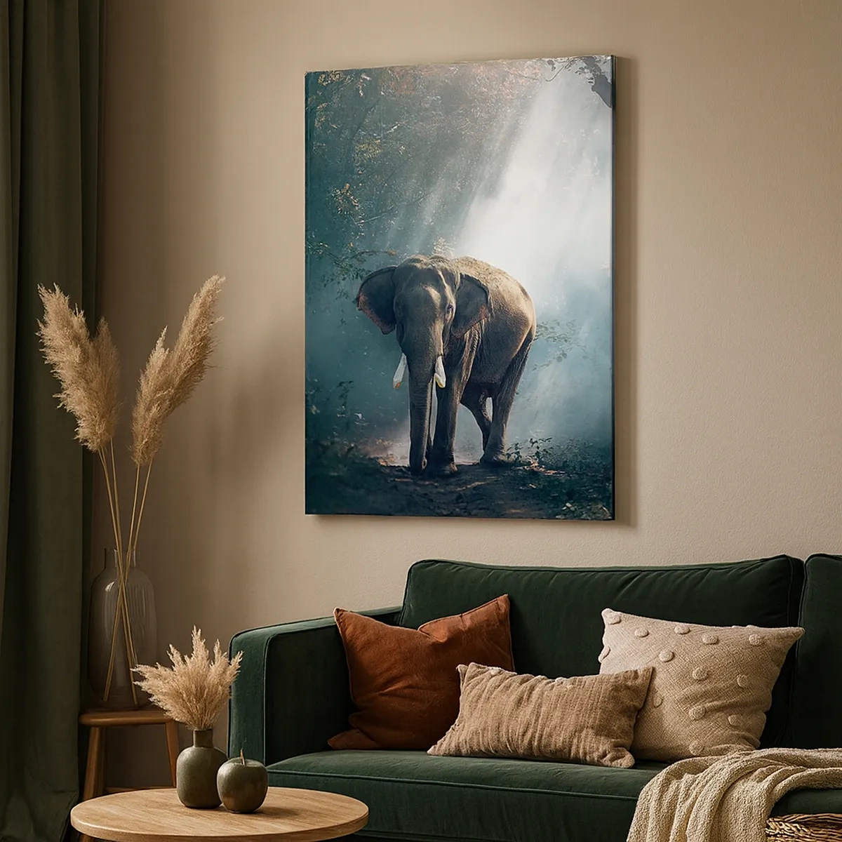 Cuadro sobre lienzo - Impresión de Imagen - Elefante en la luz del bosque - 50x70cm - Un paseo tranquilo - Decoración de pared moderna para salón y dormitorio ARTTOR