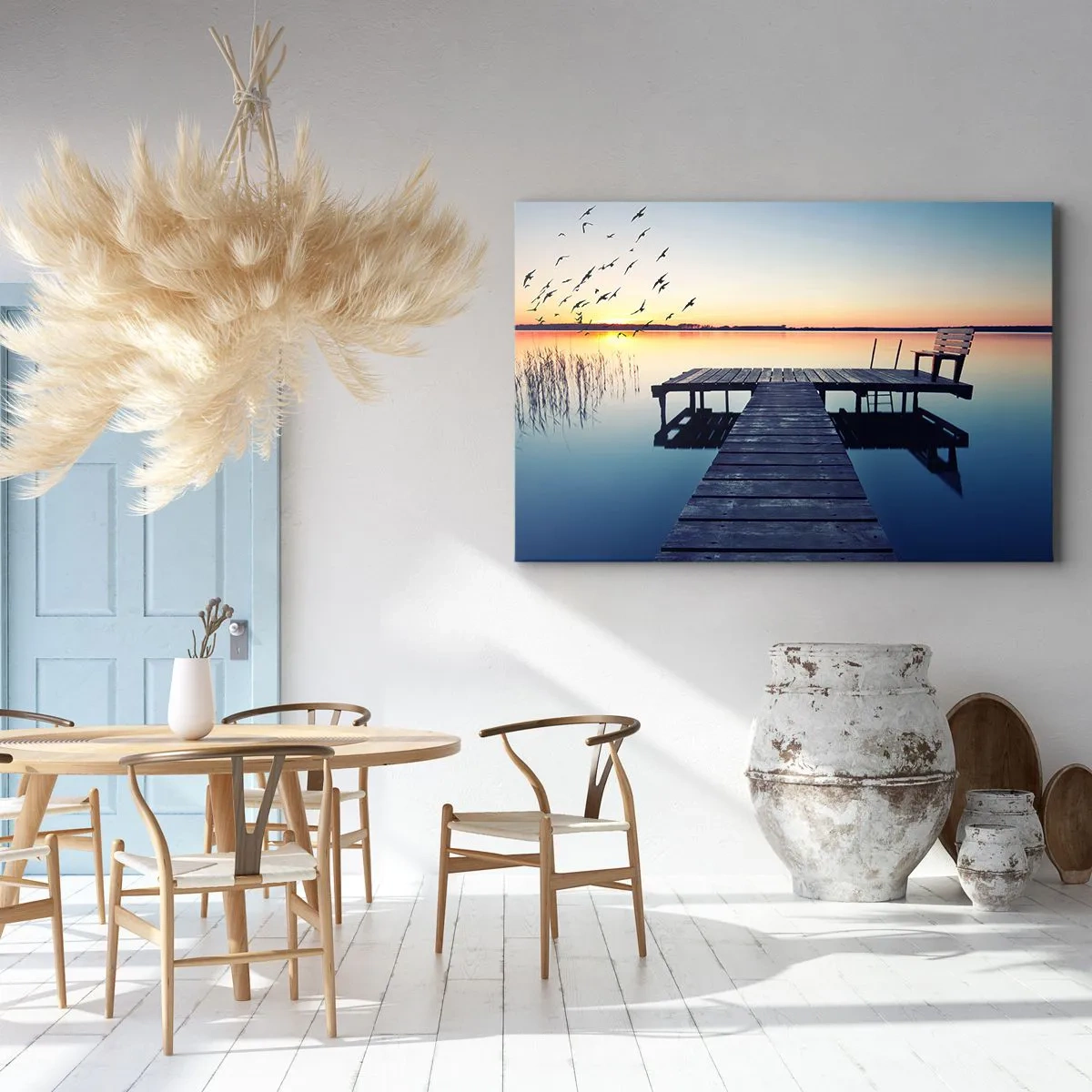 Cuadro sobre lienzo - Impresión de Imagen - Muelle de madera en un lago al amanecer con pájaros - 100x70cm - Fue un buen día - Decoración de pared moderna para salón y dormitorio ARTTOR
