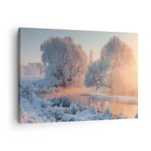 Cuadro sobre lienzo - Impresión de Imagen - Paisaje invernal con árboles cubiertos de nieve y una puesta de sol. - 70x50cm - Brillo cristalino - Decoración de pared moderna para salón y dormitorio ARTTOR