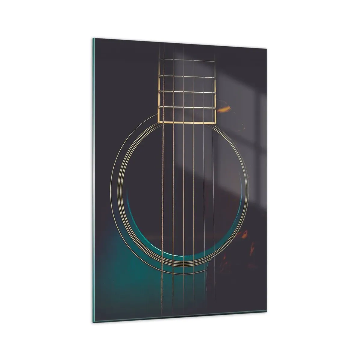 Cuadro sobre vidrio - Impresiones sobre Vidrio - Guitarra acústica en luz oscura y elegante. - 80x120cm - Un momento antes de que suene - Decoración de pared moderna para salón y dormitorio ARTTOR