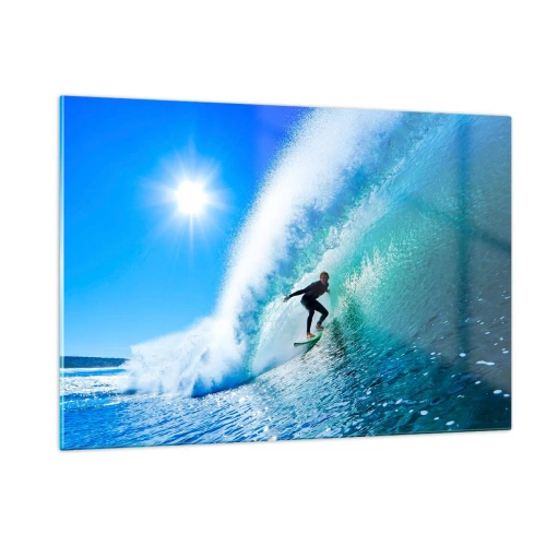 Cuadro sobre vidrio - Impresiones sobre Vidrio - Surfista en una ola en un día soleado - 120x80cm - A través de la gran ola - Decoración de pared moderna para salón y dormitorio ARTTOR