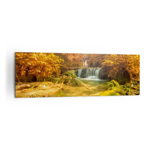 Cuadro sobre lienzo - Impresión de Imagen - Una cascada dorada en un bosque otoñal rodeado de vegetación. - 160x50cm - Cascada forestal en oro - Decoración de pared moderna para salón y dormitorio ARTTOR