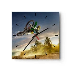 Reloj de pared - Reloj de vidrio - Motociclista en un salto dinámico - 30x30cm - ¡Enciende tus emociones! - Decoración de pared moderna para salón y dormitorio ARTTOR