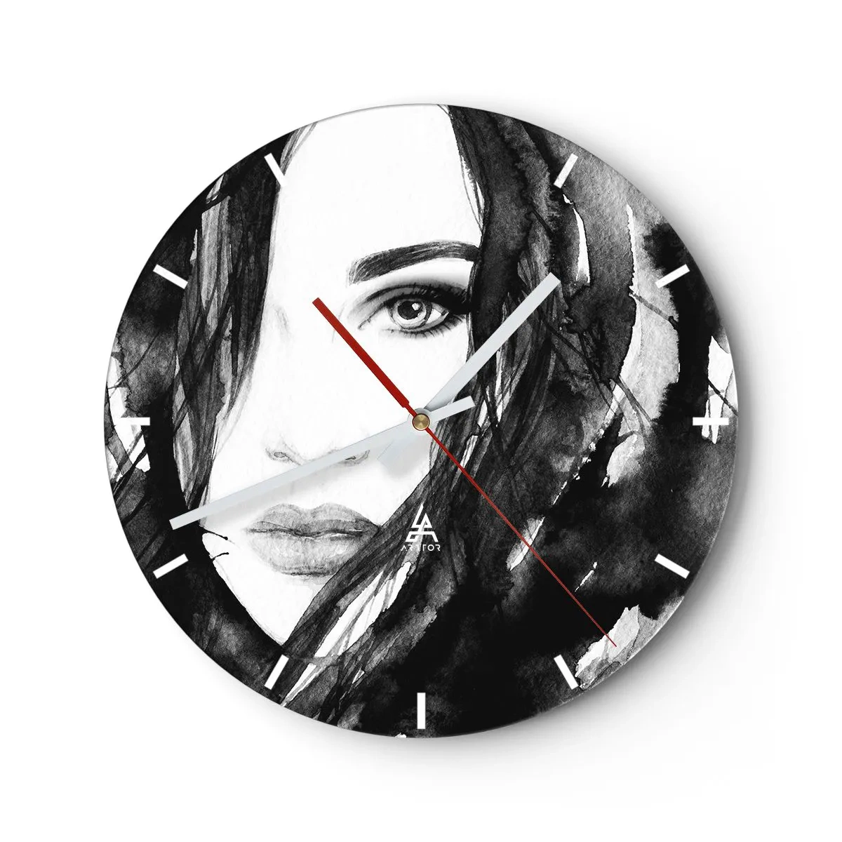 Reloj de pared - Reloj de vidrio - Retrato de una mujer en blanco y negro con estilo de acuarela. - 30x30cm - Retrato de una dama en blanco y negro - Decoración de pared moderna para salón, cocina y dormitorio ARTTOR