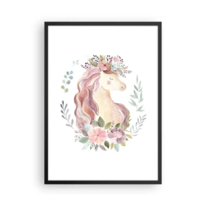 Póster en marco negro - Un unicornio de acuarela rodeado de flores pastel. - 50x70cm - Una invitación al mundo de los cuentos de hadas - Decoración de pared moderna para salón y dormitorio ARTTOR