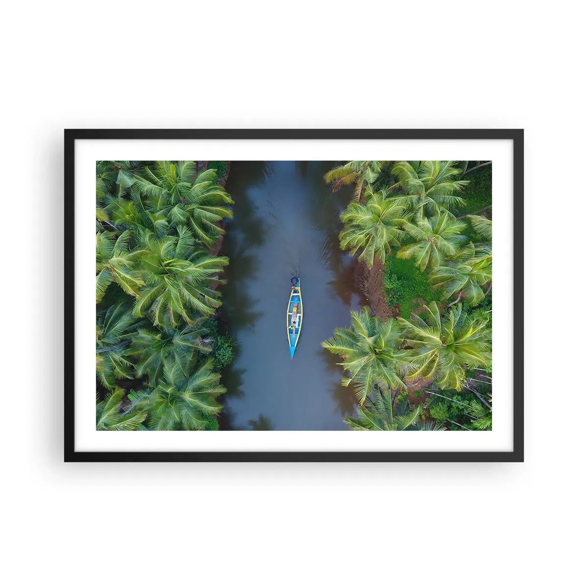 Póster en marco negro - Una vista de pájaro de un barco en un río rodeado de palmeras. - 70x50cm - En un sendero tropical - Decoración de pared moderna para salón y dormitorio ARTTOR