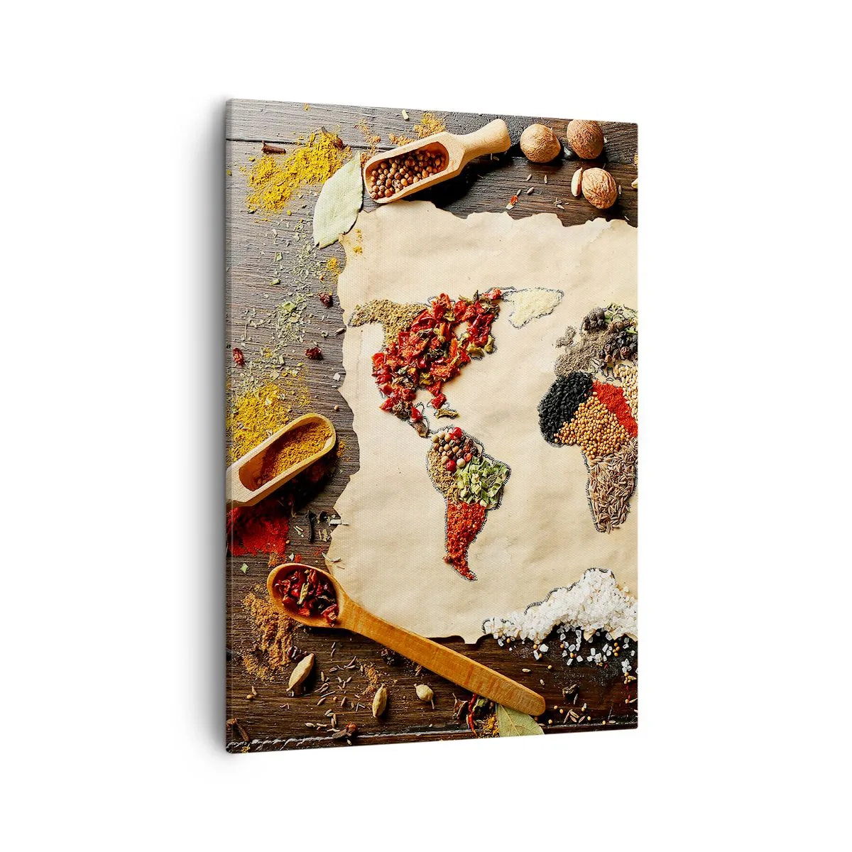 Cuadro sobre lienzo - Impresión de Imagen - Un mapa del mundo hecho de especias sobre un fondo de madera. - 50x70cm - Todos los sabores del mundo - Decoración de pared moderna para salón y dormitorio ARTTOR
