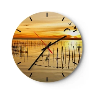 Reloj de pared - Reloj de vidrio - Puesta de sol sobre el agua con pájaros en vuelo - 30x30cm - Horizonte naranja - Decoración de pared moderna para salón, cocina y dormitorio ARTTOR