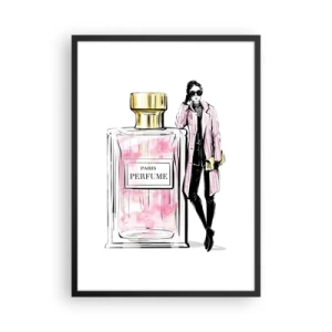 Póster en marco negro - Un elegante frasco de perfume con la silueta de una mujer con estilo. - 50x70cm - La sensualidad parisina - Decoración de pared moderna para salón y dormitorio ARTTOR
