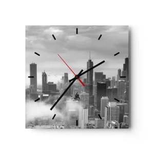 Reloj de pared - Reloj de vidrio - Panorama de la ciudad con rascacielos en las nubes en blanco y negro - 30x30cm - Paisaje americano - Decoración de pared moderna para salón y dormitorio ARTTOR