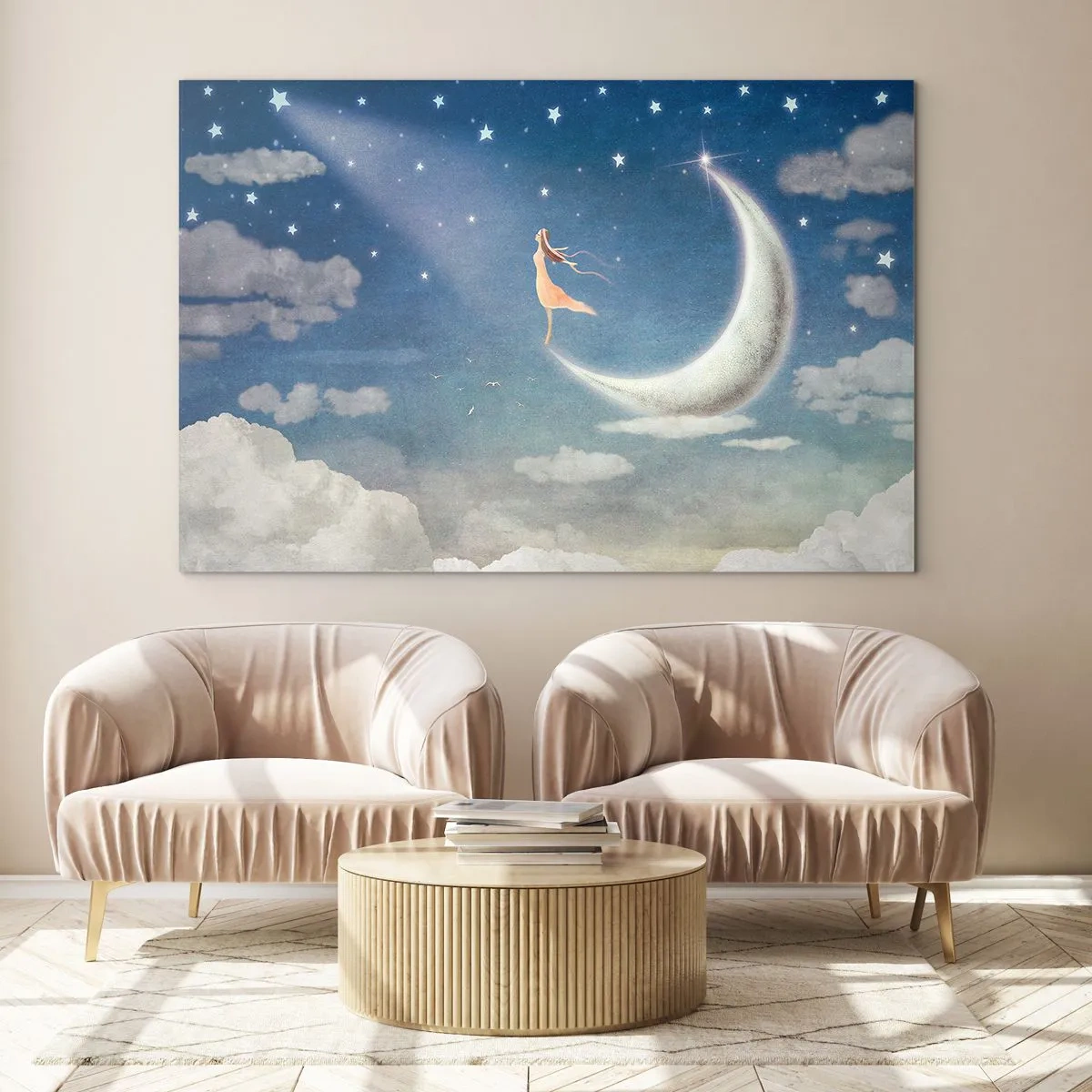 Cuadro sobre vidrio - Impresiones sobre Vidrio - Una mujer con un vestido suelto parada sobre la luna en un cielo estrellado. - 70x50cm - Pretendiente sobre azul - Decoración de pared moderna para salón y dormitorio ARTTOR