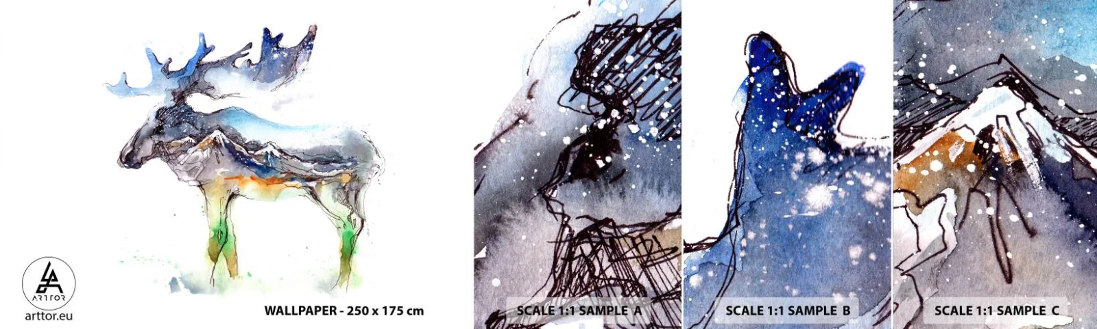 Muestra de fotomural autoadhesivo Deluxe Sticker - El héroe de un cuento de invierno - Abstracción, Alce, Montañas - 100x30 cm