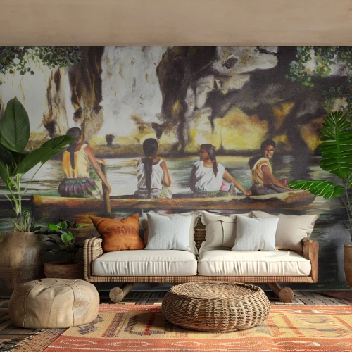 Fotomural Standard Eco - Mujeres en un bote flotando en un río entre rocas y vegetación. - 100x70cm - En un paraíso polinesio - Decoración de pared moderna para salón y dormitorio ARTTOR