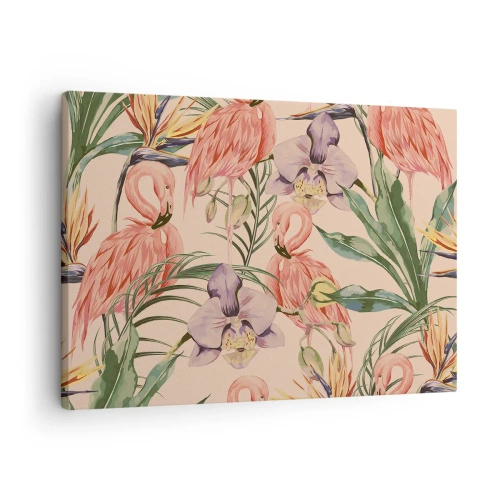 Cuadro sobre lienzo - Impresión de Imagen - Flamencos y flores tropicales sobre un fondo claro. - 70x50cm - Un ballet rosa en flores - Decoración de pared moderna para salón y dormitorio ARTTOR