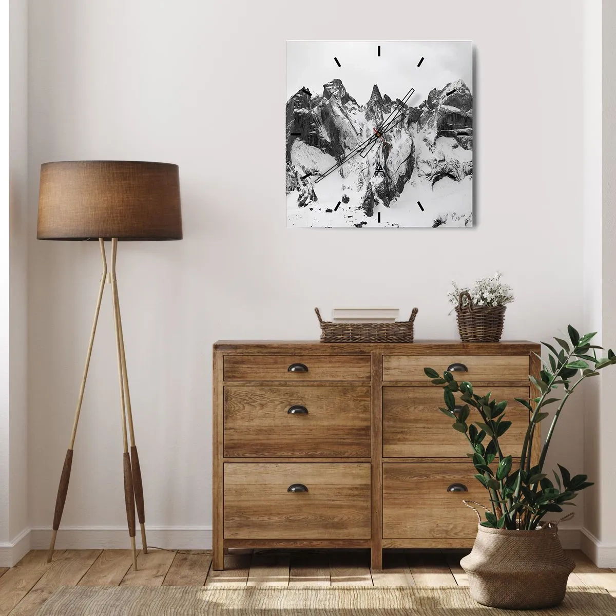 Reloj de pared - Reloj de vidrio - Picos de montañas nevados en blanco y negro - 30x30cm - Cresta amenazante - Decoración de pared moderna para salón y dormitorio ARTTOR