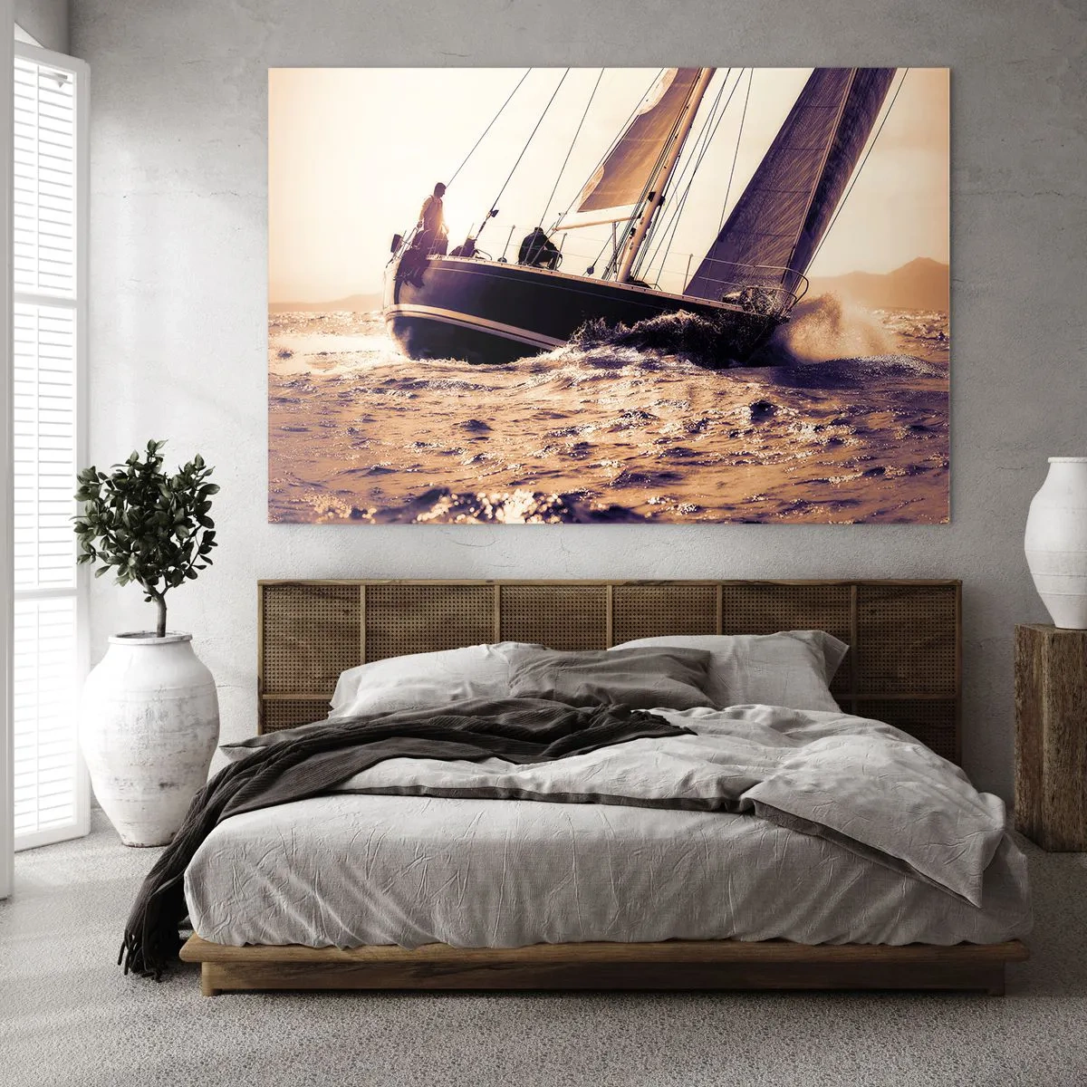 Cuadro sobre vidrio - Impresiones sobre Vidrio - Un velero en un mar tempestuoso en tonos cálidos. - 120x80cm - Navega, marinero - Decoración de pared moderna para salón y dormitorio ARTTOR