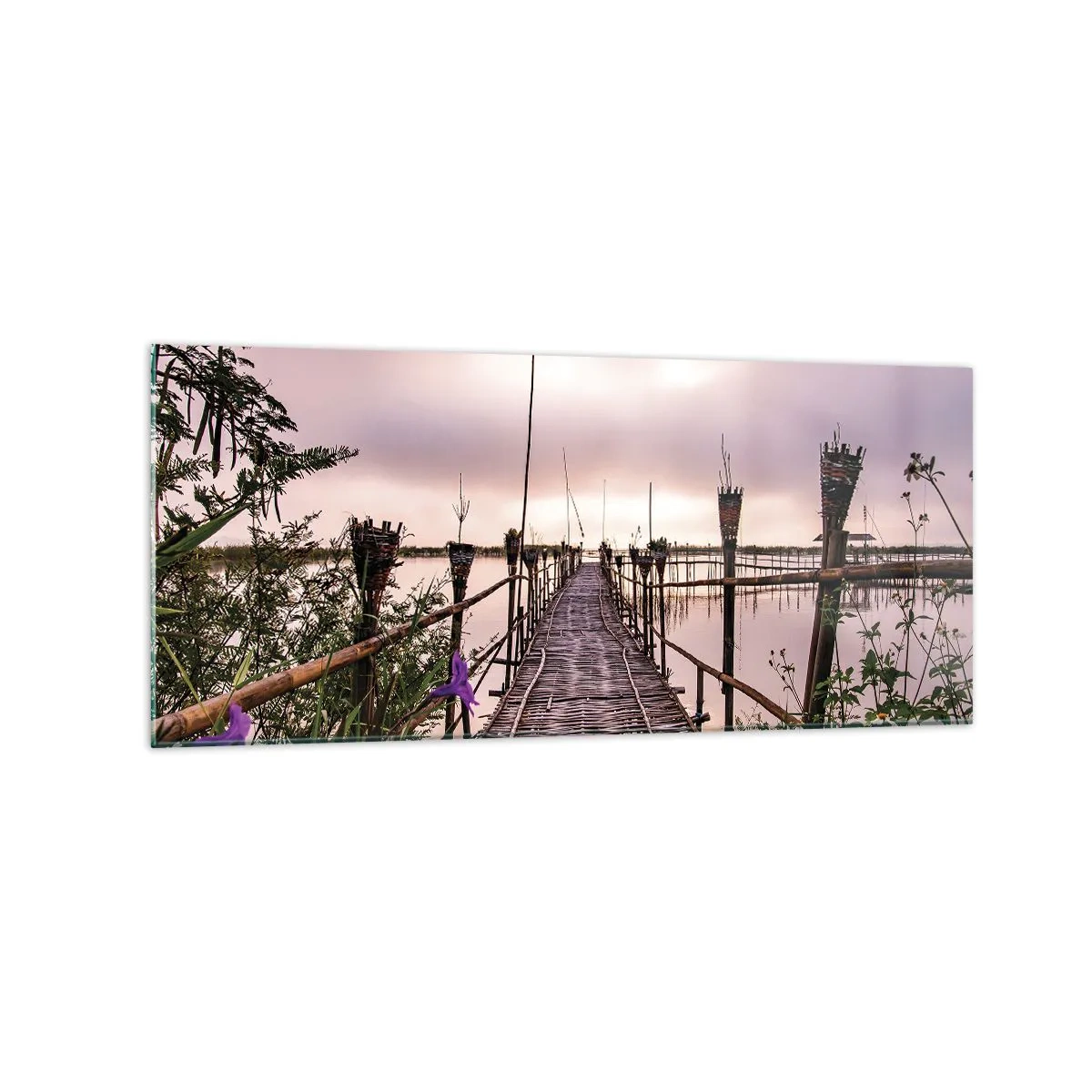 Cuadro sobre vidrio - Impresiones sobre Vidrio - Puente de bambú sobre el agua al amanecer - 120x50cm - La tranquilidad de Asia - Decoración de pared moderna para salón y dormitorio ARTTOR