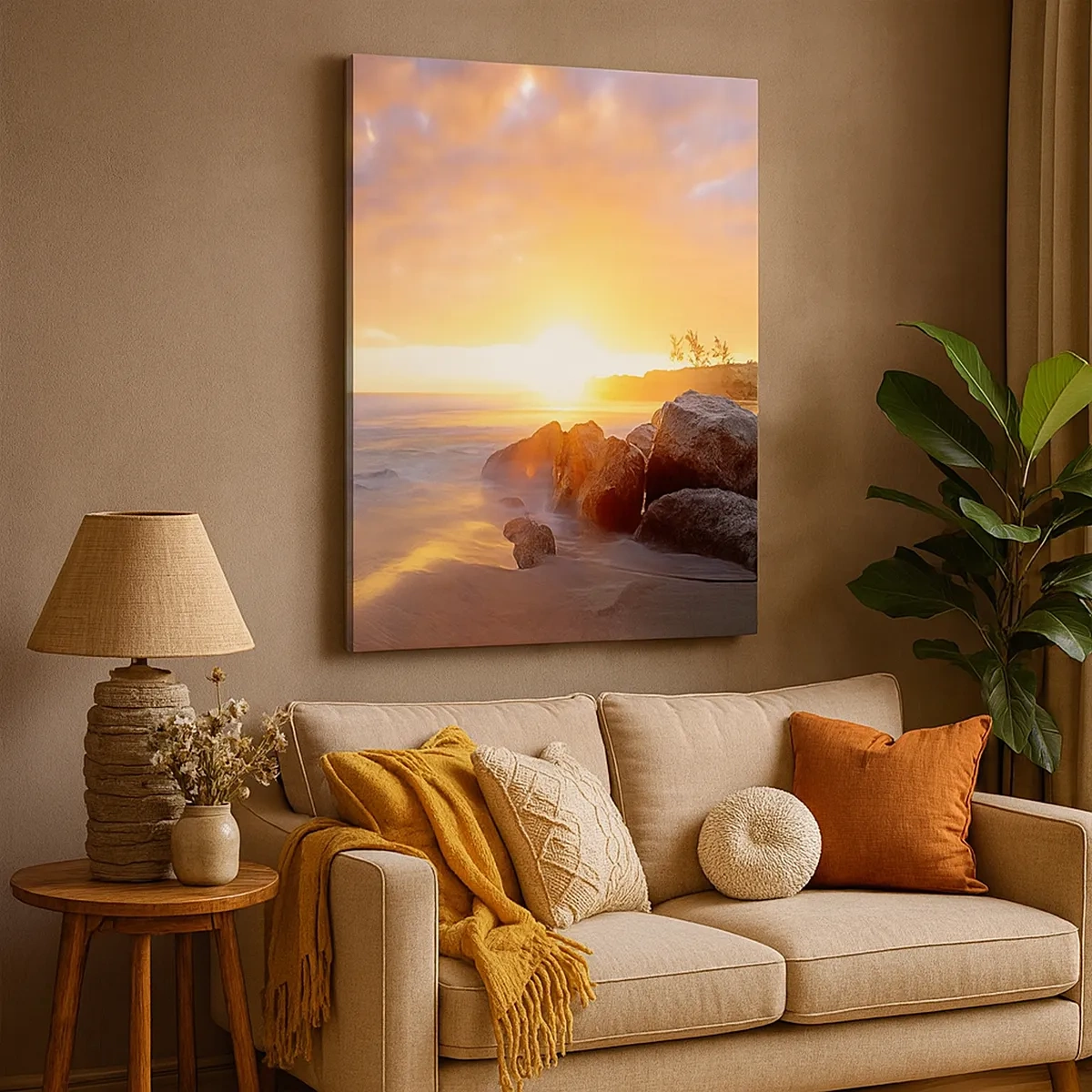 Cuadro sobre lienzo - Impresión de Imagen - Puesta de sol sobre la costa rocosa - 50x70cm - Brisa luminosa del atardecer - Decoración de pared moderna para salón y dormitorio ARTTOR