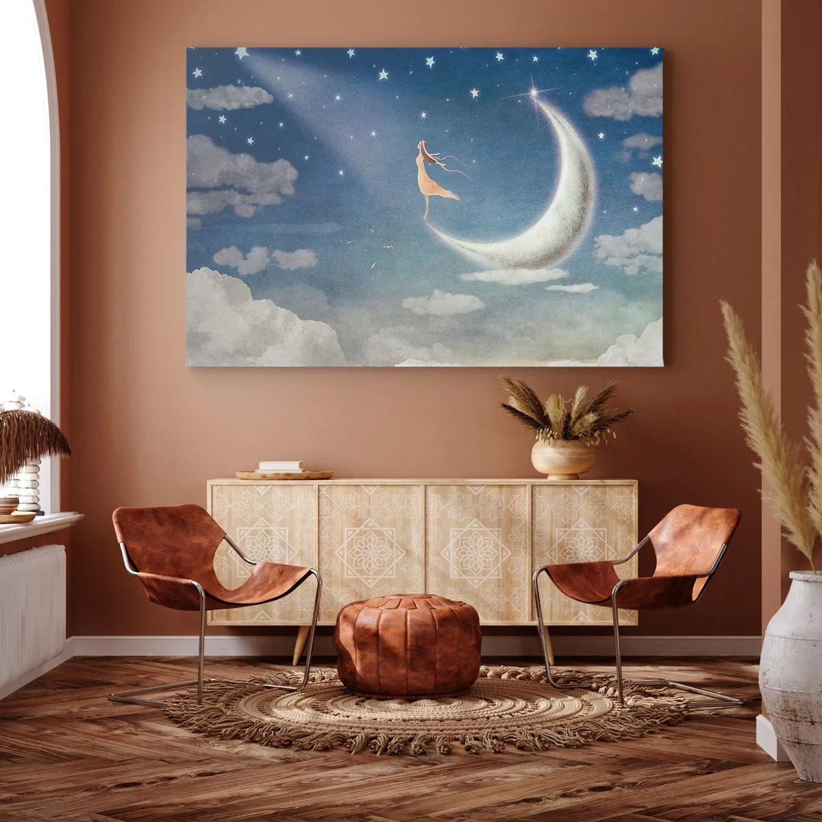 Cuadro sobre lienzo - Impresión de Imagen - Una mujer en la luna rodeada de estrellas y nubes. - 100x70cm - Pretendiente sobre azul - Decoración de pared moderna para salón y dormitorio ARTTOR