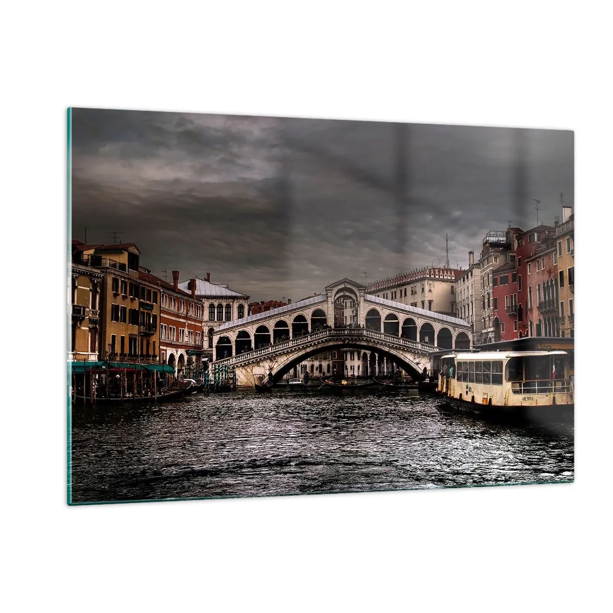 Cuadro sobre vidrio - Impresiones sobre Vidrio - El puente de Rialto contra un cielo nublado - 120x80cm - Promesa de una velada veneciana - Decoración de pared moderna para salón y dormitorio ARTTOR