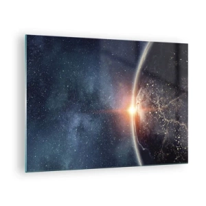 Cuadro sobre vidrio - Impresiones sobre Vidrio - La Tierra iluminada por los rayos del sol en el espacio. - 70x50cm - En una nueva perspectiva - Decoración de pared moderna para salón y dormitorio ARTTOR