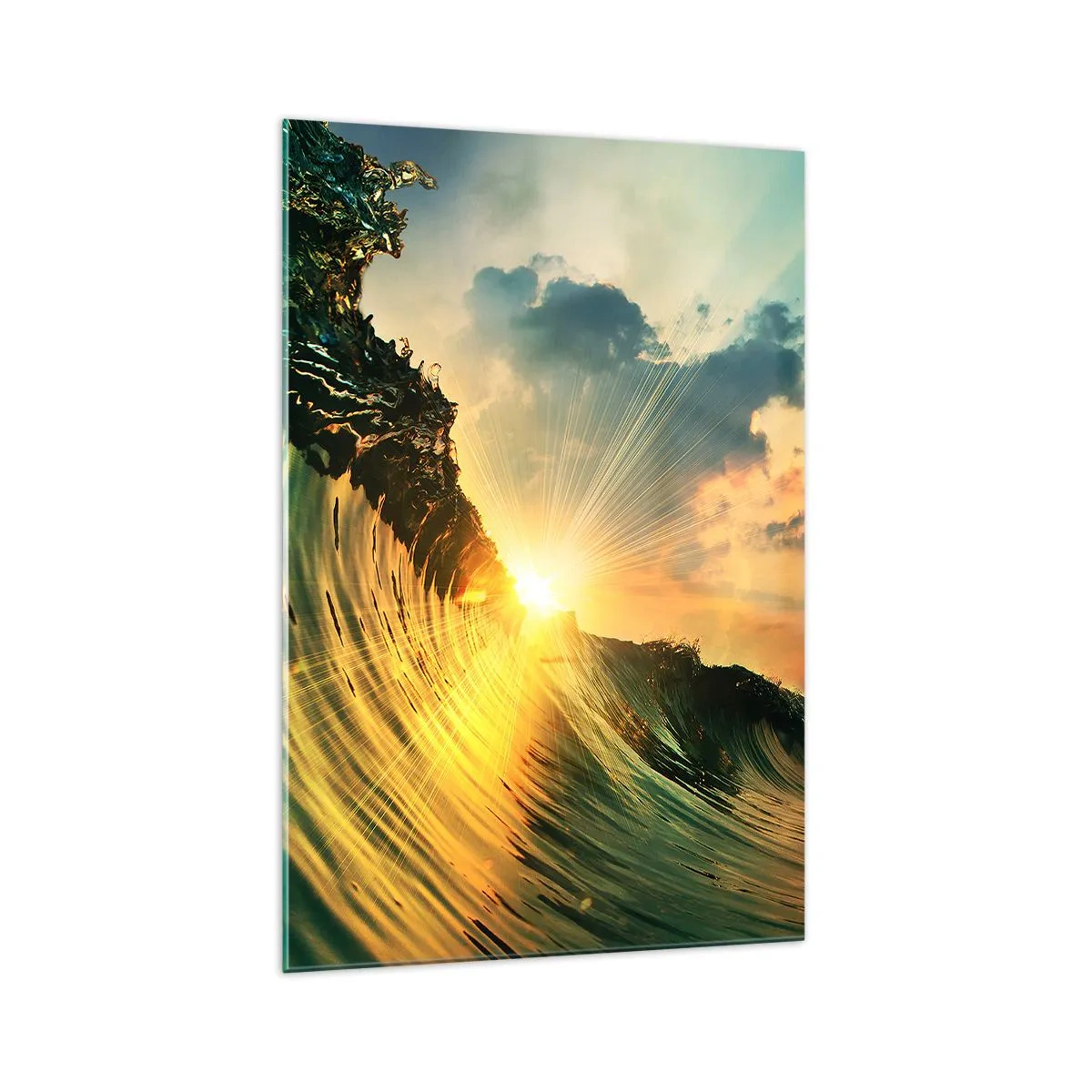 Cuadro sobre vidrio - Impresiones sobre Vidrio - Una ola con el sol poniente y nubes iluminadas. - 70x100cm - Surfer, ¿dónde estás? - Decoración de pared moderna para salón y dormitorio ARTTOR