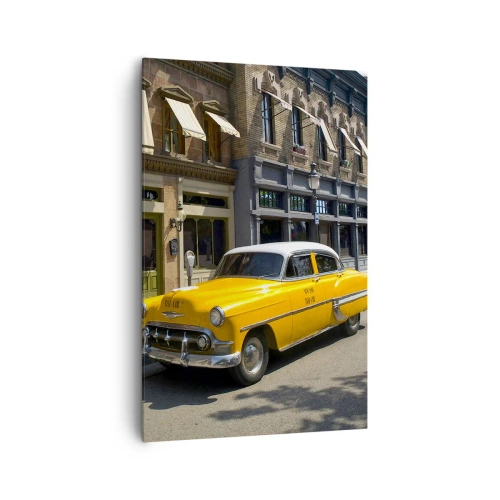Cuadro sobre lienzo - Impresión de Imagen - Un taxi amarillo en una calle bordeada de casas de vecindad. - 80x120cm - Érase una vez en América - Decoración de pared moderna para salón y dormitorio ARTTOR