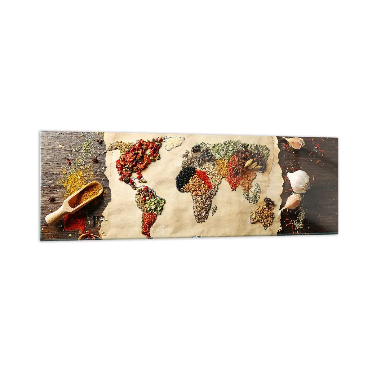 Cuadro sobre vidrio - Impresiones sobre Vidrio - Un mapa del mundo hecho de especias sobre un fondo de madera. - 160x50cm - Todos los sabores del mundo - Decoración de pared moderna para salón y dormitorio ARTTOR