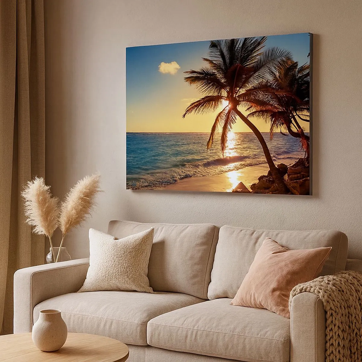 Cuadro sobre lienzo - Impresión de Imagen - Atardecer tropical sobre una playa con palmeras - 70x50cm - Verano bajo las palmeras - Decoración de pared moderna para salón y dormitorio ARTTOR