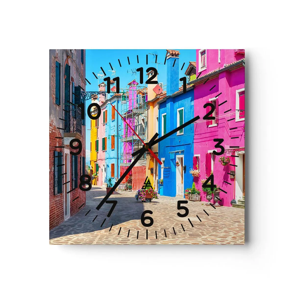 Reloj de pared - Reloj de vidrio - Pueblo colorido - 40x40 cm