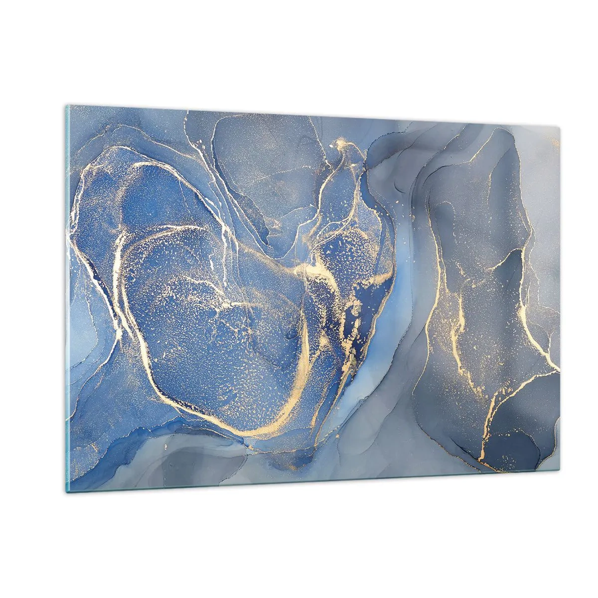 Cuadro sobre vidrio - Impresiones sobre Vidrio - Una composición abstracta en tonos azul marino y dorado. - 120x80cm - Polvo de oro - Decoración de pared moderna para salón y dormitorio ARTTOR